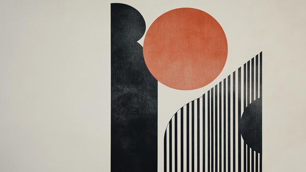 Fotografie jednoduchý minimalistický umělecký tisk s abstraktními geometrickými tvary v černé, bílé a oranžové barvě