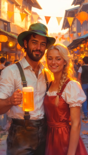 Foto grátis casal da oktoberfest brindando com cerveja