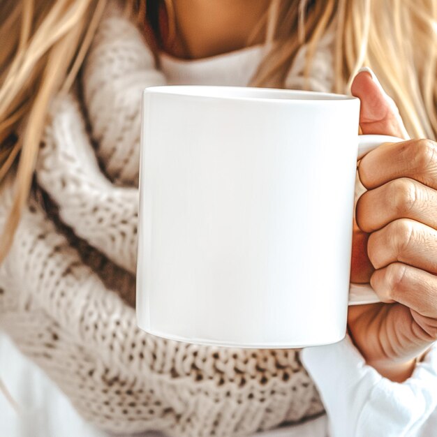 Foto eine frau, die einen weißen kaffeebecher mit einem weißen pullover hält