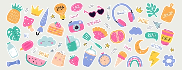 Free Vector cute diary journal stickers daily planner labels with quotes and scrapbook icons