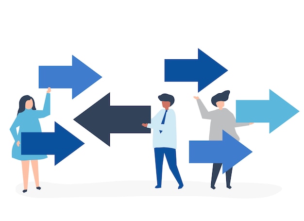 Free Vector people carrying arrows in the opposite directions