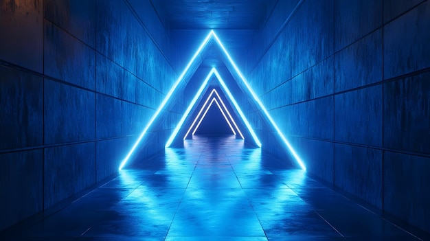 Photo đèn tam giác neon xanh lam trong hành lang bê tông 3d illustration