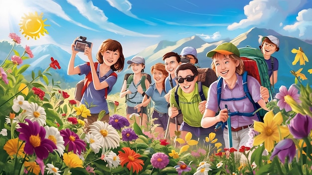 Photo đi bộ đường dài ngoài trời với hoa phiêu lưu mùa hè