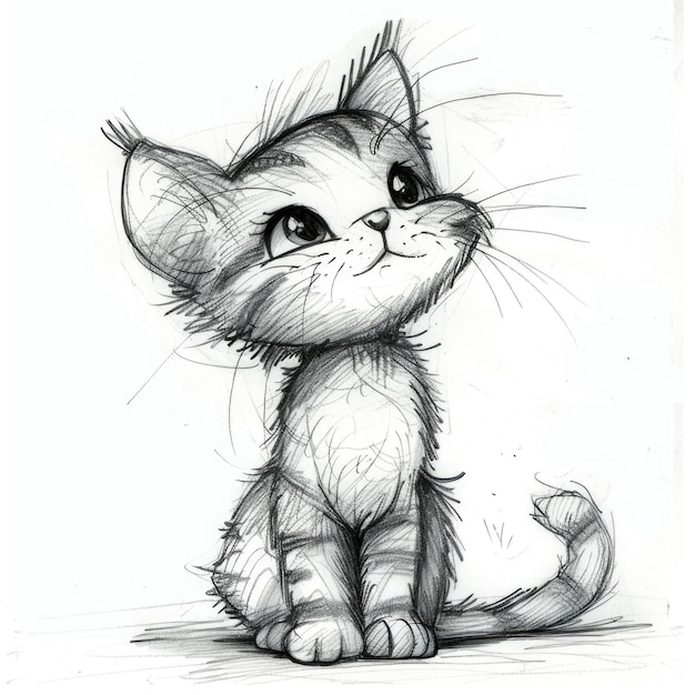 Photo un mignon dessin au crayon en gris d'un chaton qui lève les yeux