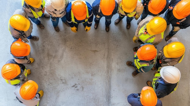 Photo construction workers meeting teamwork safety hard hat top view