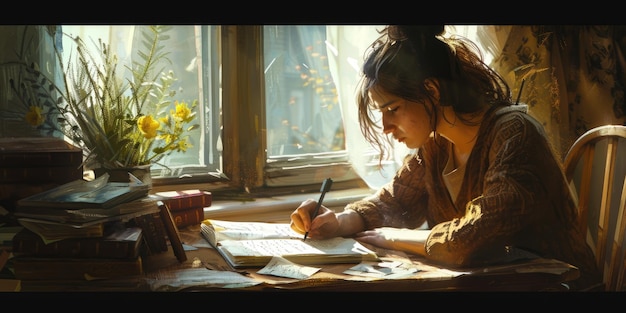 Photo 一位专注的作家在阳光明的房间里工作, 在自然的温暖中寻找集中力.