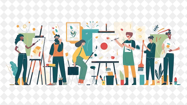 PSD spring art exhibit with artists showcasing their works desig png festival 2d flat art illustrations