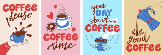 Vector coffee doodle poster with slogans and playful quotes for cafe banner coffee shop sketch line label and social media story or breakfast design hand drawn vintage vector set