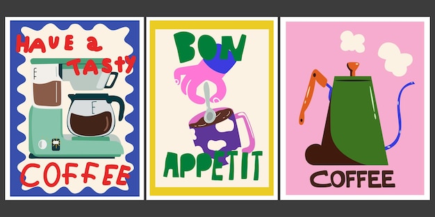 Vector cute retro coffee posters decor for kitchens cafes and coffee shop hot aroma coffee drinks
