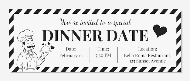 Vector dinner date gift voucher template printable dinner ticket coupon black and white romantic voucher
