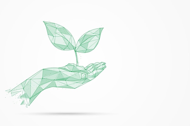 Vector hand hold leaf ecology line triangle and dot world earth day and sustainable save the world