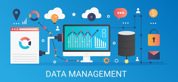 Vector modern flat gradient data management concept template banner with icons and text.
