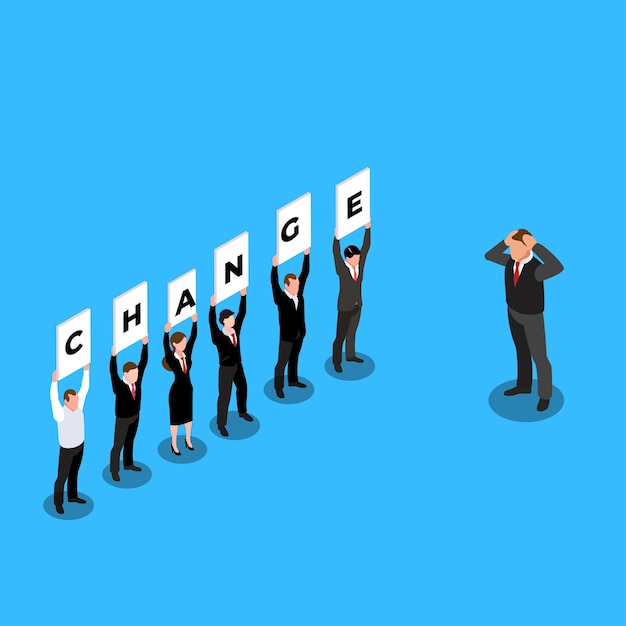 Vector office workers demonstration demand of change 3d isometric