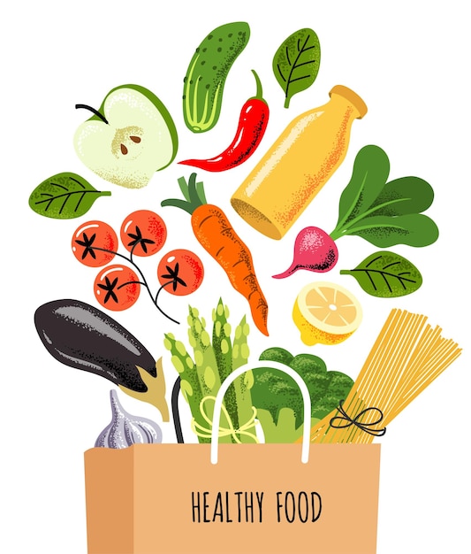 Vector organic products in paper package vegetables bread