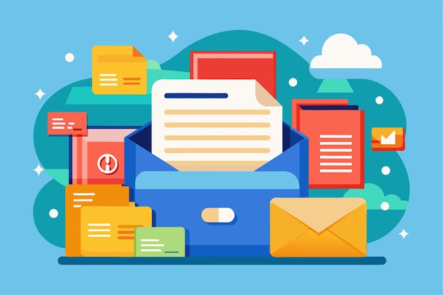 Vector an organized workspace displays documents letters and envelopes arranged around a central mailbox files sent customizable flat illustration