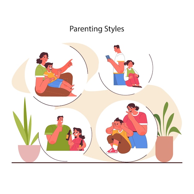 Vector parenting styles different children raising methods authoritative authoritarian permissive and