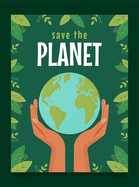 Vector save the planet poster with human hands holding earth globe and green leaves for eco awareness