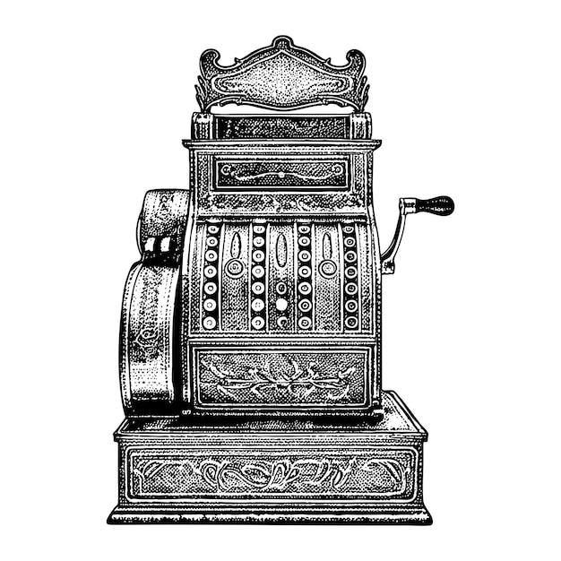 Vecteur ancienne caisse enregistreuse de style gravure au pointillé vintage isolée sur fond transparent