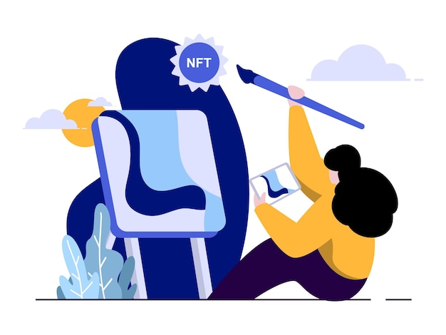 Vector nft tạo minh họa phẳng nghệ thuật khái niệm nft non fungible token màu xanh lam vàng lục