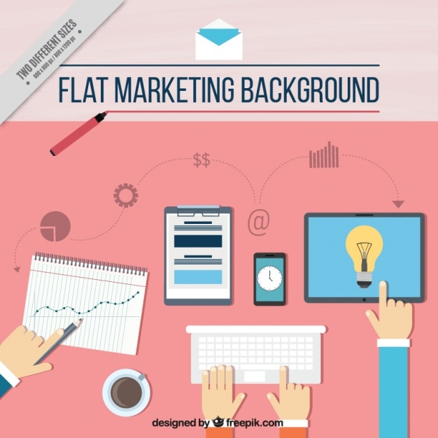 Vector gratuito fondo de marketing con manos y dispositivos tecnológicos