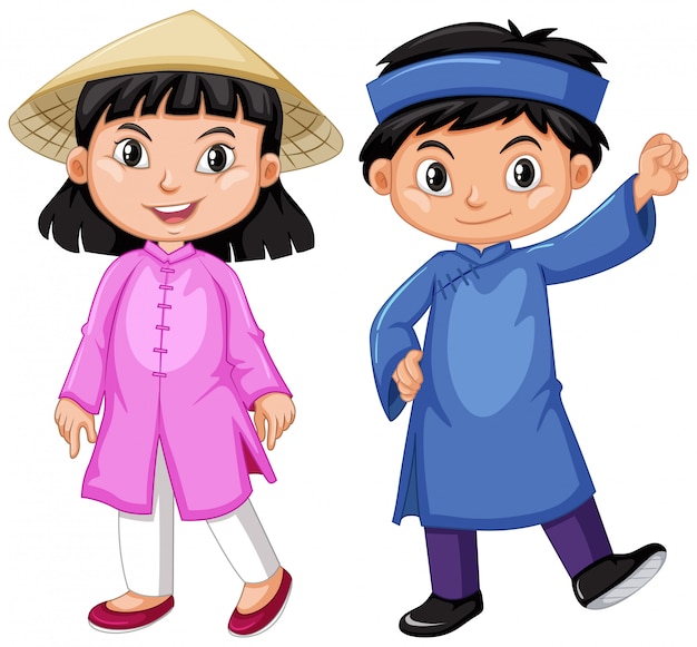 Miễn phí Vector bé trai và bé gái việt nam trong trang phục truyền thống