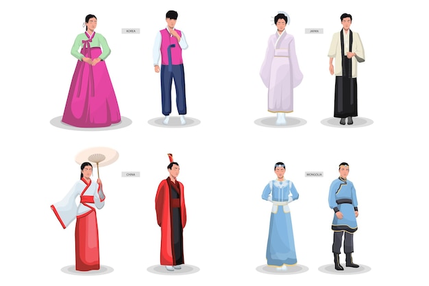 Miễn phí Vector bộ trang phục truyền thống châu á. kimono nữ cổ, quần áo nam, trang phục dân tộc nhật bản, trung quốc, việt nam, hàn quốc