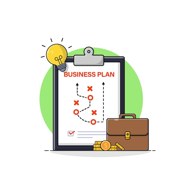 Vector clipboard con bolsa de oficina y bombilla de ideas ilustración vectorial ideas de negocio diseño conceptual