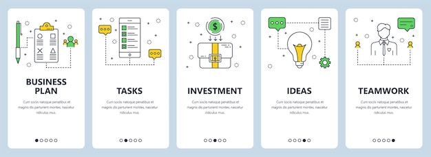Vector conjunto de banners verticales con plan de negocios, tareas, inversiones, ideas, plantillas de sitios web de trabajo en equipo. estilo plano moderno de línea fina.