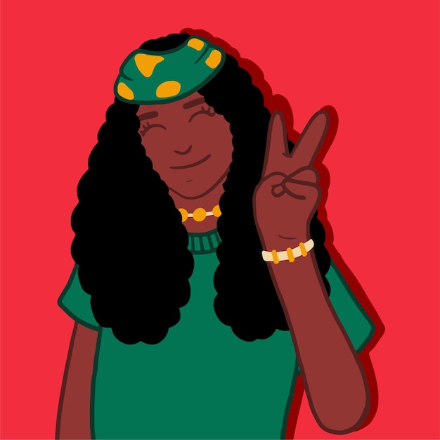 Vector ilustración vectorial de mujer negra y hermosa diadema verde con dedos de paz