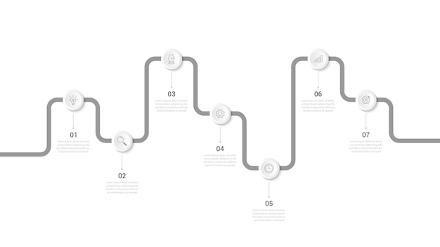 Vektor business roadmap-infographik-vorlage zeitlinie reise 7 schritte zum entwerfen infographik-präsentation