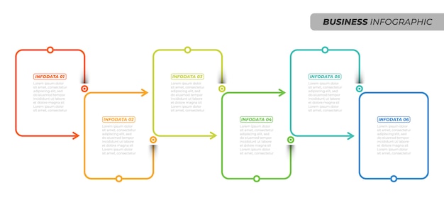 Vektor lineare infographic schablone des kreativen designs des geschäfts. timeline-prozess mit 6 optionen, pfeilen, boxen. vektor-illustration