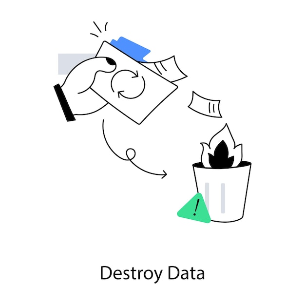 Vetor um desenho animado de uma pessoa jogando um papel em uma lata de lixo com as palavras destruir dados nele.