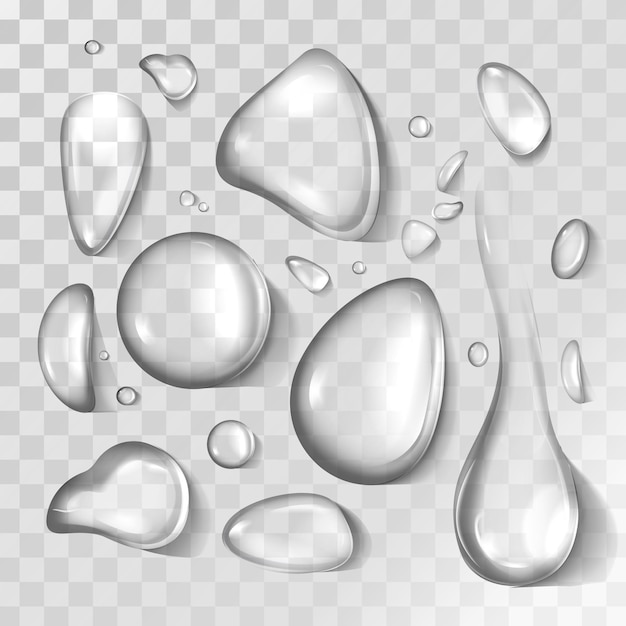 Vettore gratuito insieme realistico di vettore di forme diverse di goccioline di liquido. flussi d'acqua pura, rugiada d'acqua limpida o condensa sulla superficie di vetro fresca. gocce di acqua dolce isolate su sfondo trasparente.