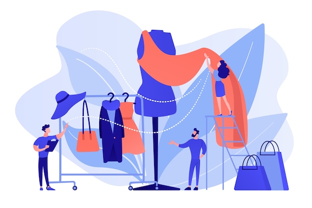 Vettore gratuito team di designer che lavora alla nuova collezione di vestiti e al pezzo di stoffa sul manichino. industria della moda, mercato dello stile di abbigliamento, concetto di business della moda. pinkish coral bluevector illustrazione isolata